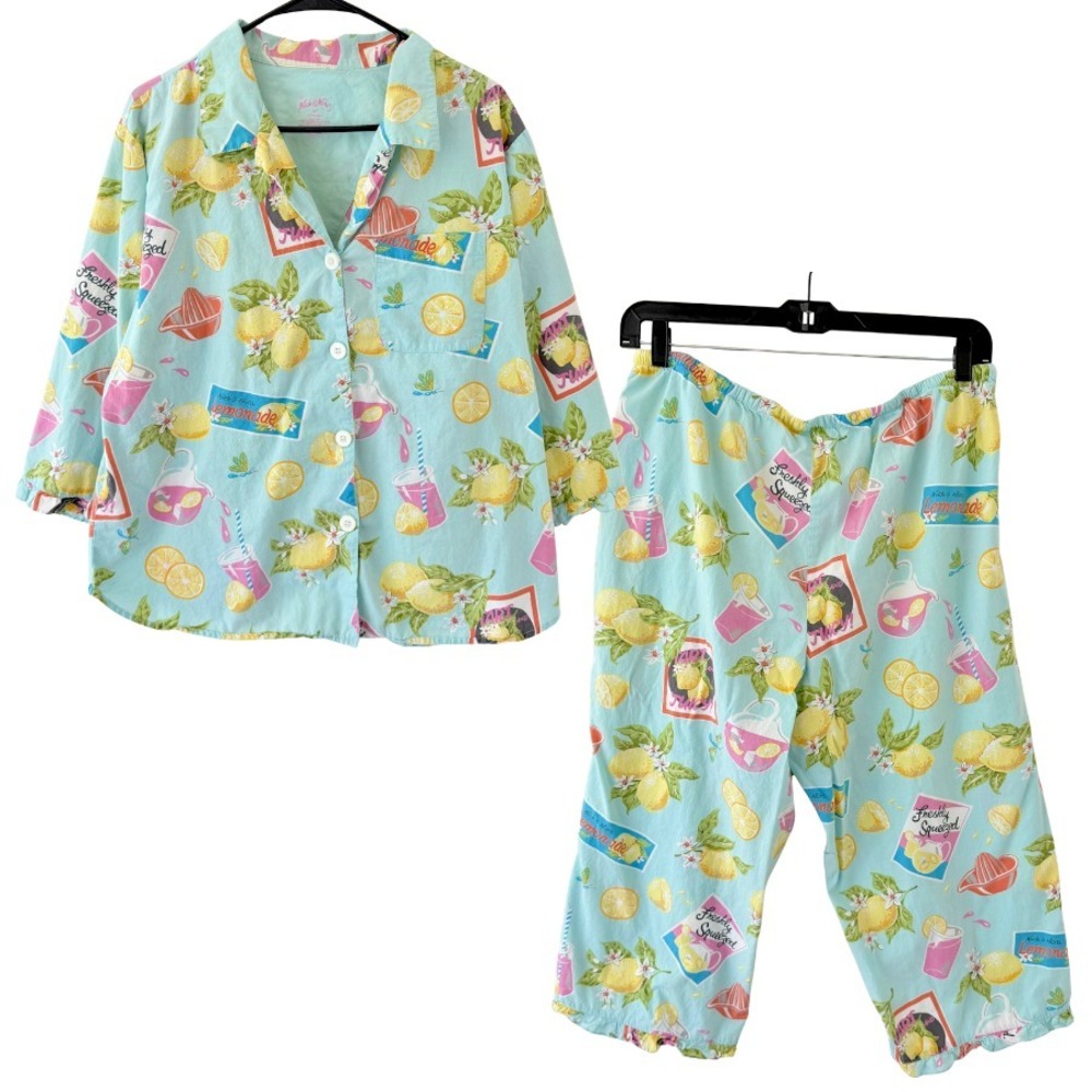Nick & Nora Pajama Set Womens XL Cotton Lemonade Print Capri 3/4 Sleeve Ruffle